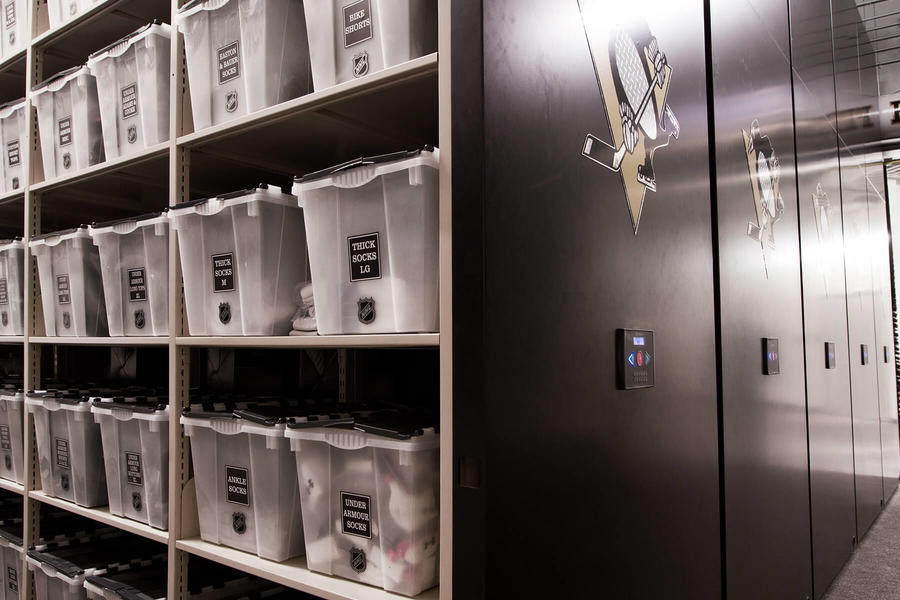 Sock storage for the Pittsburgh Penguins team.