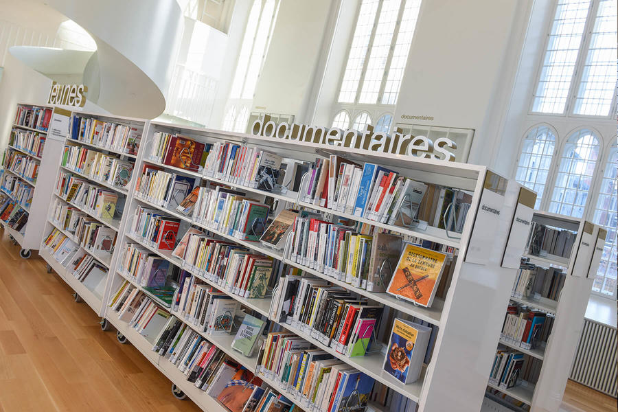 Modern library with natural lighting and reading seating.