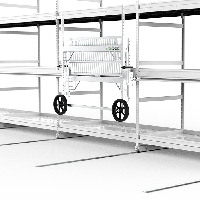 Mobile storage platform with integrated stairs and wheels for easy access and mobility.