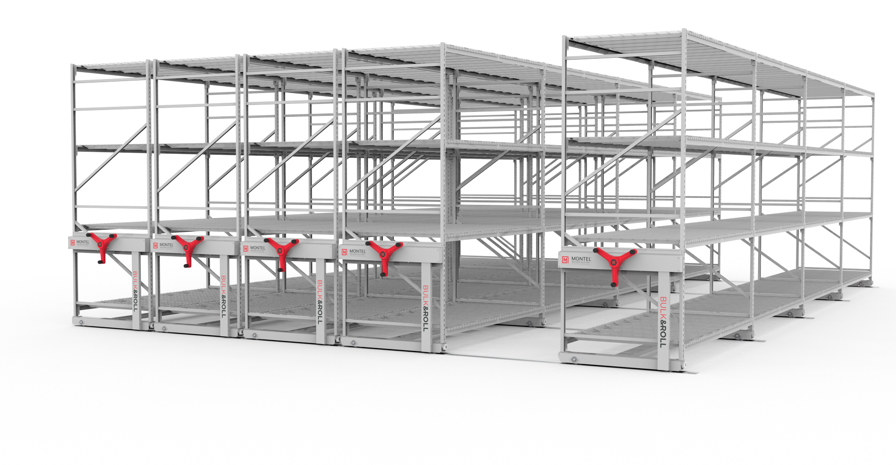 Montel Bulk &amp; Roll shelving system with red hand cranks for bulk storage and space optimization.