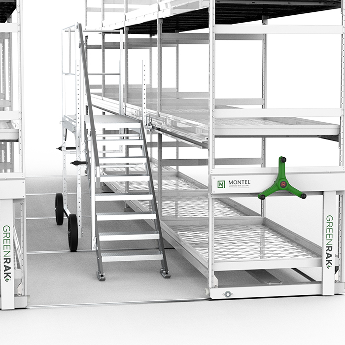 Mobile storage platform with integrated stairs and wheels for easy access and mobility.