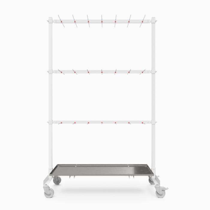 Mobile shelving with multi-level hooks for flexible storage.