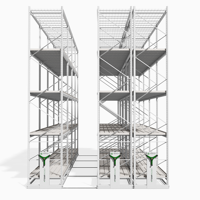 Multi-level mobile shelving system designed to optimize storage space.