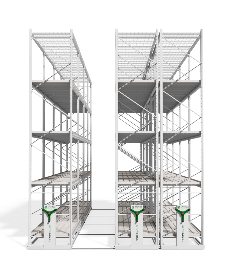 Front view of a multi-tier metal shelving system with vertical structure.