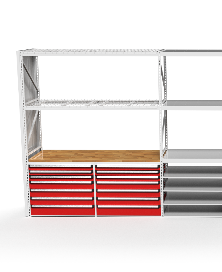 Extended shelving unit with red drawers.