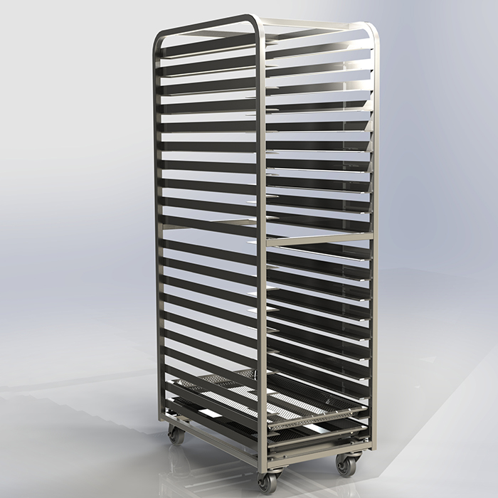 Metal storage cart with multiple levels for holding trays or bins.