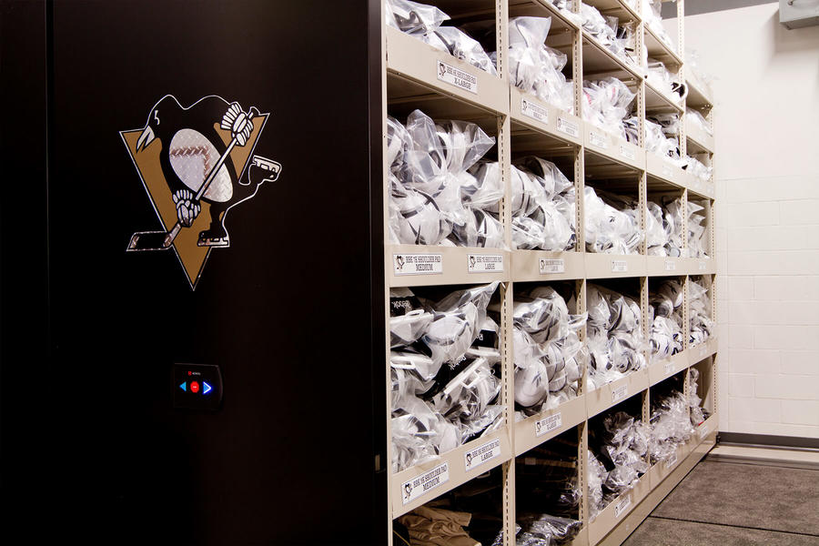 Helmet storage for the Pittsburgh Penguins team.