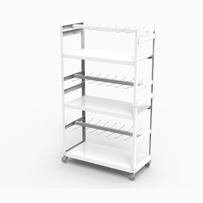 Multi-level mobile shelving unit with wheels and metal hooks for flexible and modular storage.