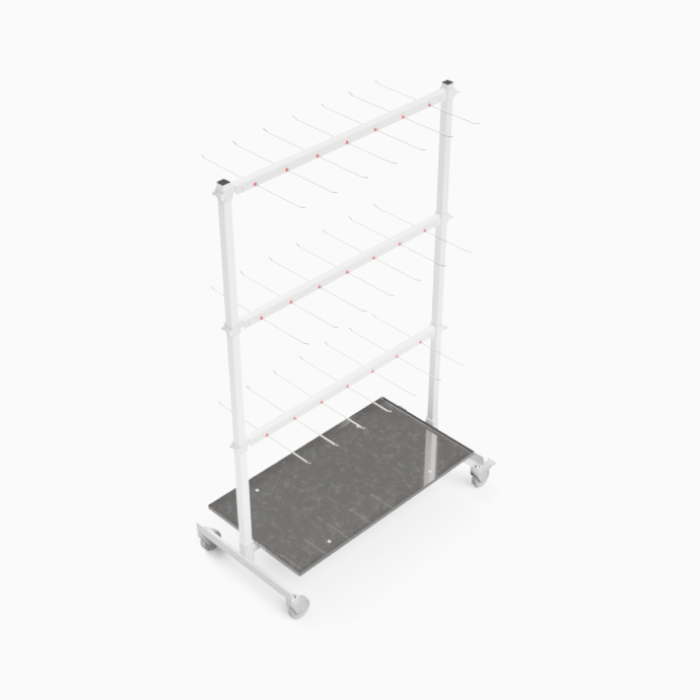 Top view of a mobile shelving unit with hanging hooks and a sturdy base.