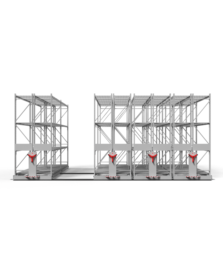 Metal mobile shelving system with red handles.