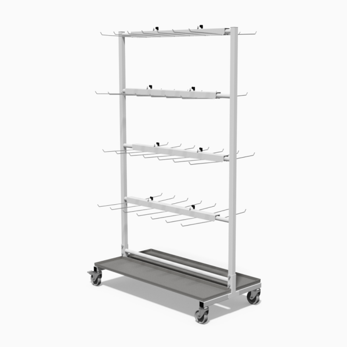 Four-level mobile shelving unit with hooks for modular storage.