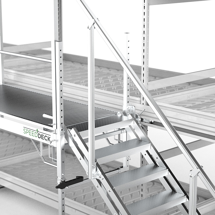 Mobile storage platform with integrated stairs and wheels for easy access and mobility.