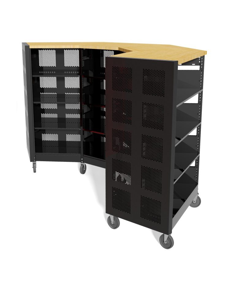 Black mobile storage unit with shelves and wheels.