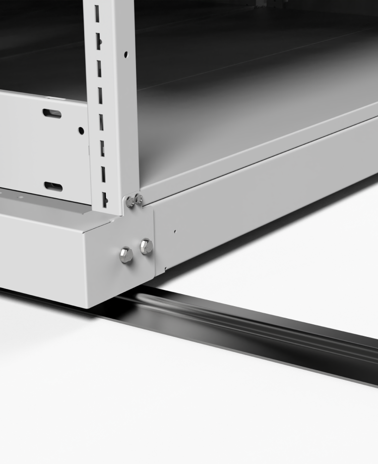 Track and base of mobile shelving system.