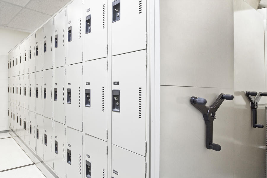 White secure lockers in a mobile storage installation.