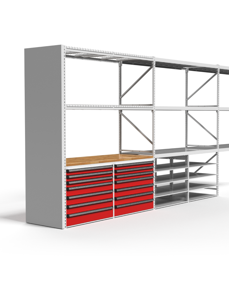 Shelving unit with red drawers and work surface.