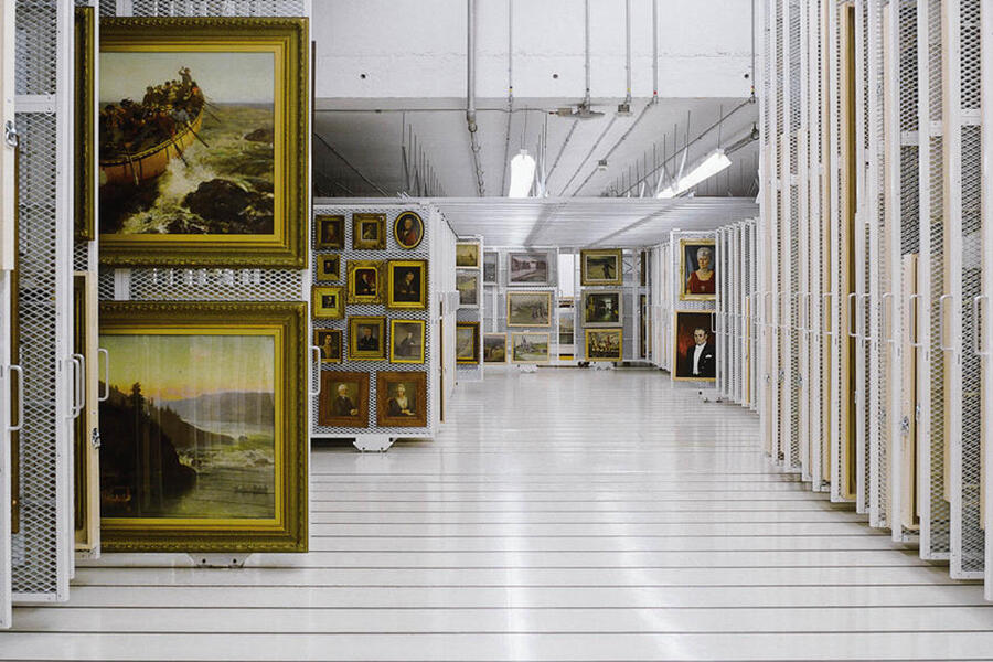 Mobile storage system for paintings in a gallery.