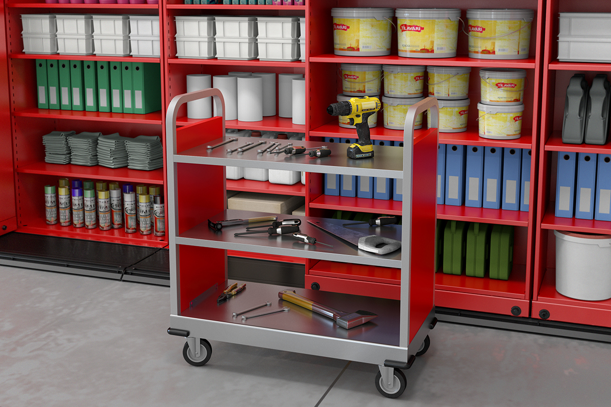 Red and silver transport cart with tools, ready for use in a work environment.