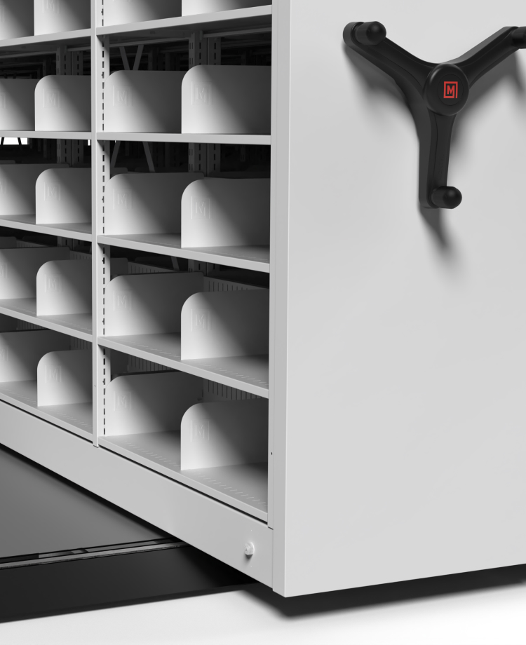 Another mobile shelving unit close-up with compartments.