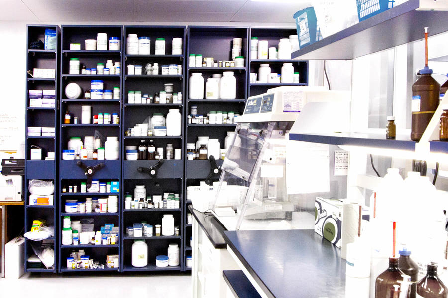 Storage shelving for chemicals and pharmaceuticals in a laboratory.