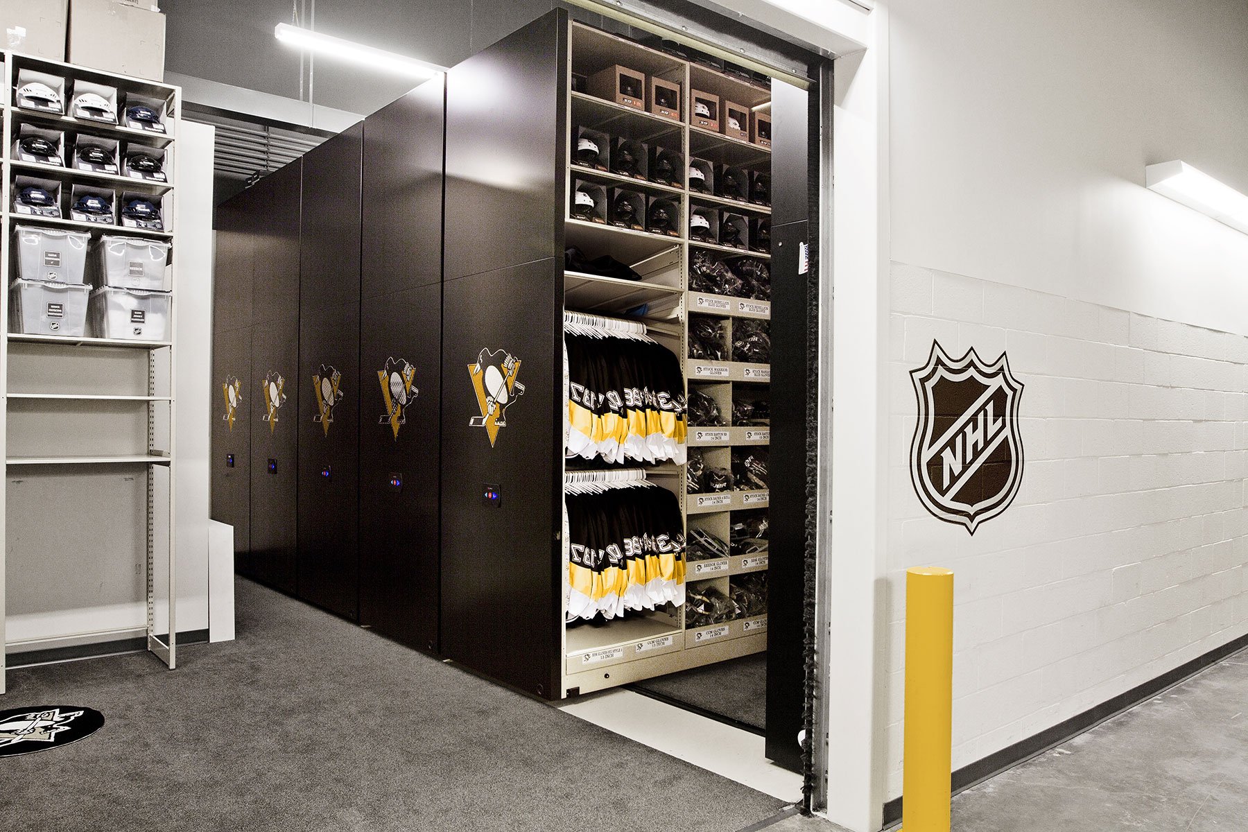 Hockey equipment storage for the Pittsburgh Penguins.