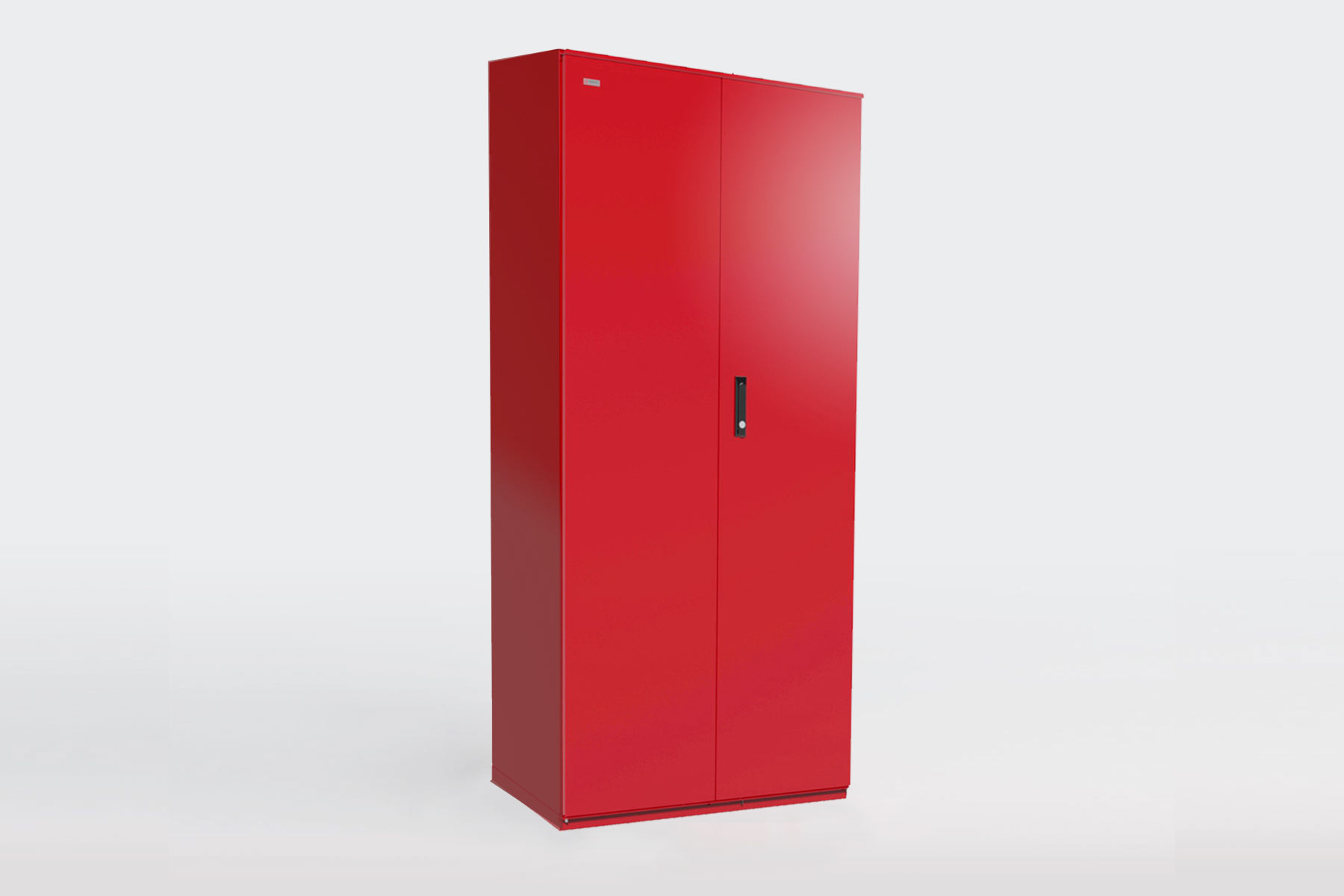 Closed red cabinet, providing a secure and functional storage space.