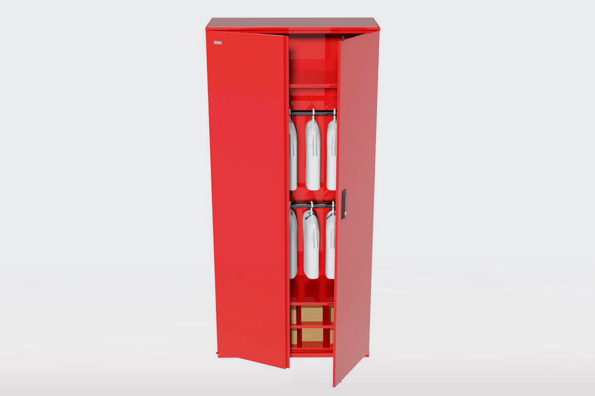 Open red cabinet displaying internal shelves, ideal for organized storage.