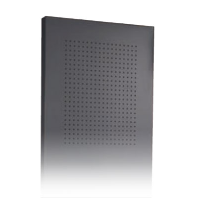 Black perforated steel end panel. 