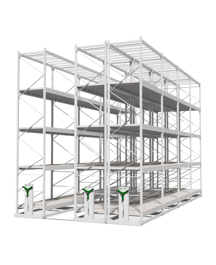 Modular metal shelving system with multiple tiers for storage. 