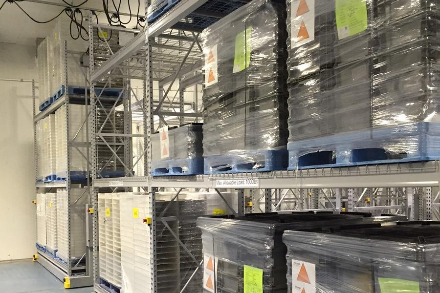 Storage shelving with wrapped pallets in a specialized storage environment.