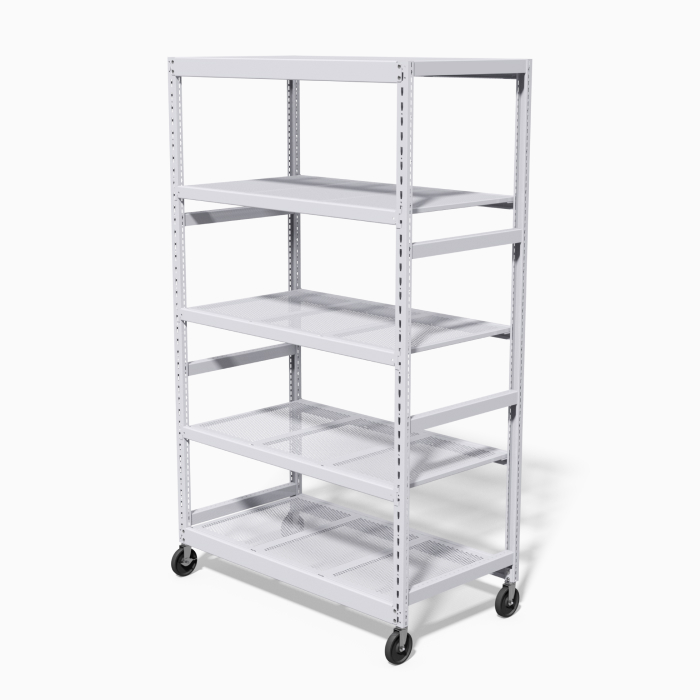 Five-level mobile shelving unit with wheels for easy movement and modular storage.