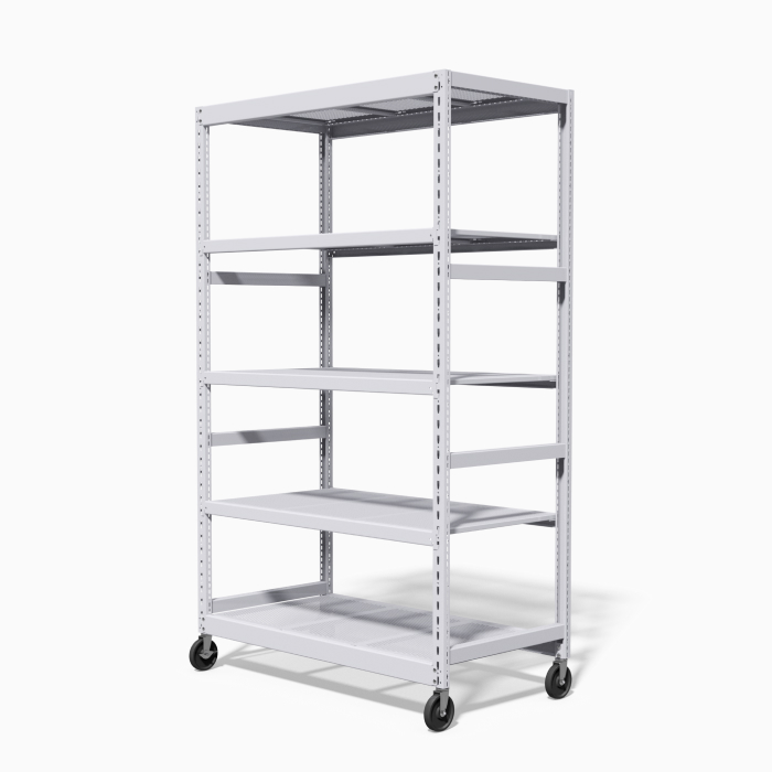 Five-level mobile shelving unit with wheels for easy movement and modular storage.