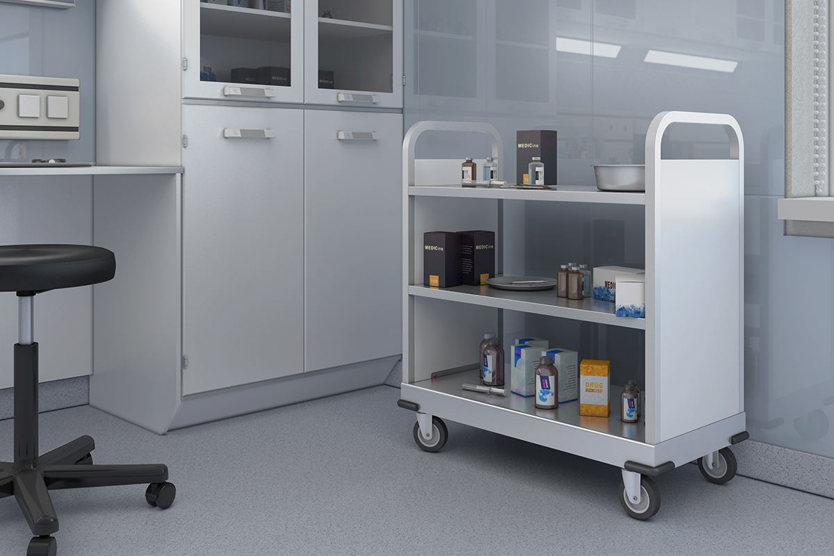 White storage cart in a kitchen, containing various items for efficient organization.