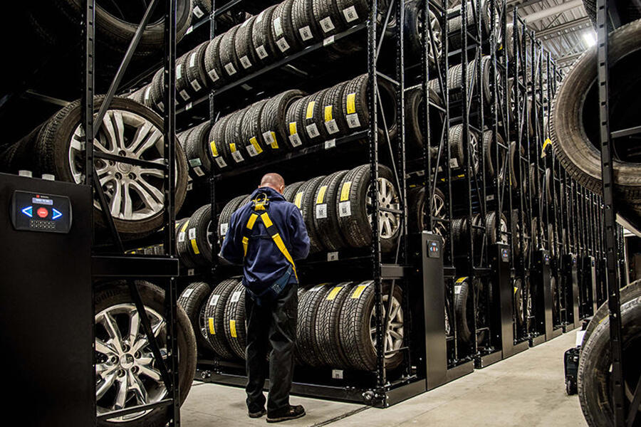 Tire storage warehouse with Montel mobile shelving.