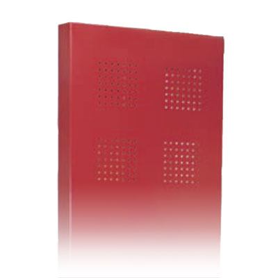 Red perforated steel end panel. 