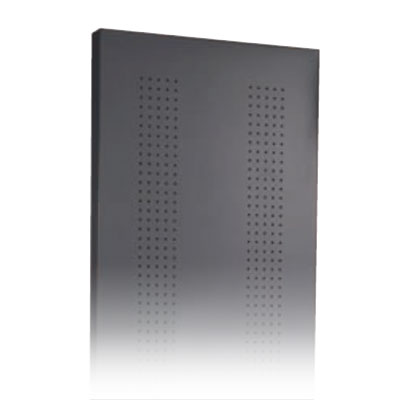 Black perforated steel end panel. 