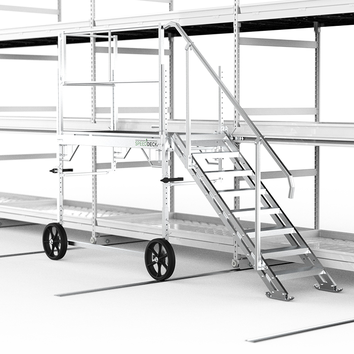 Mobile storage platform with integrated stairs and wheels for easy access and mobility.