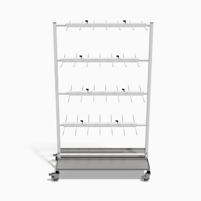 Three-level mobile shelving unit with a metal base and hanging hooks.