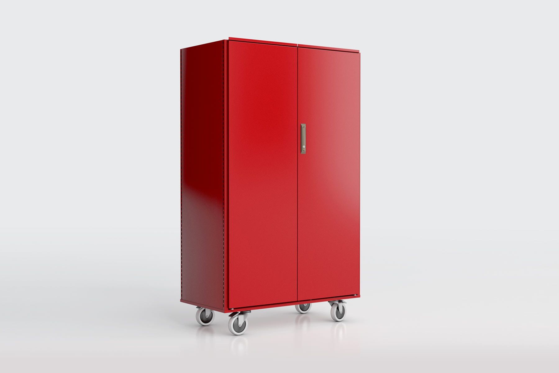 Red cabinet on wheels, ideal for mobile and functional storage.