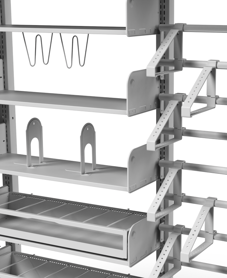 Storage shelving with hooks.