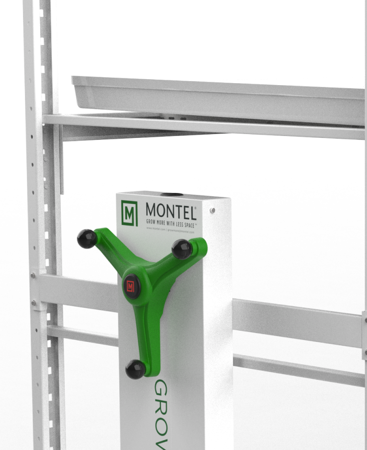 Close-up of the steel support with Montel logo on a modular shelf. 