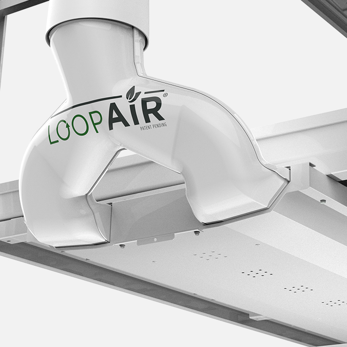 Vista frontal del sistema de ventilaci&#243;n LoopAir utilizado en un entorno de almacenamiento.