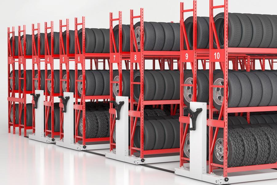 Red tire racks with numbering and mobile system